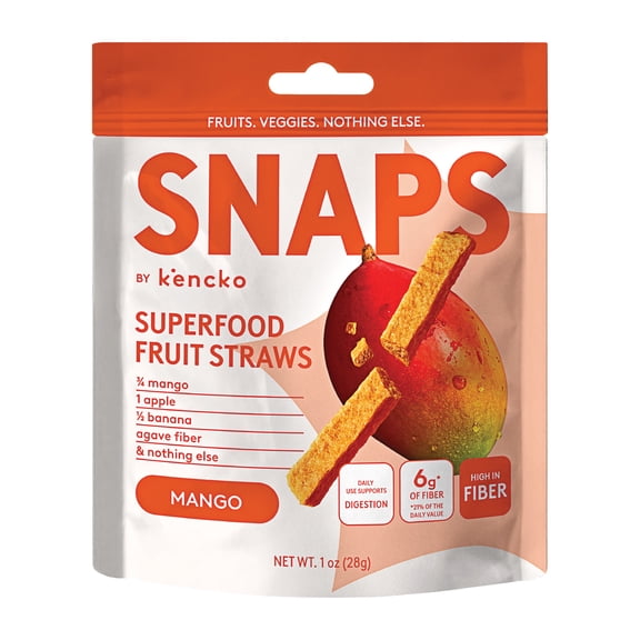 Kencko Mango Snaps, Superfood Fruit Straws, 1 oz Resealable Bag