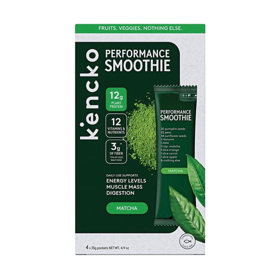 Kencko Matcha Fruit & Veggie Performance Protein Smoothies, Powdered Drink Mix, 1.23 oz, 4 Pack