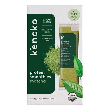 Kencko Matcha Organic Instant Fruit & Veggie Protein Smoothies, Powdered Drink Mix, 1.23 oz, 4 Pack