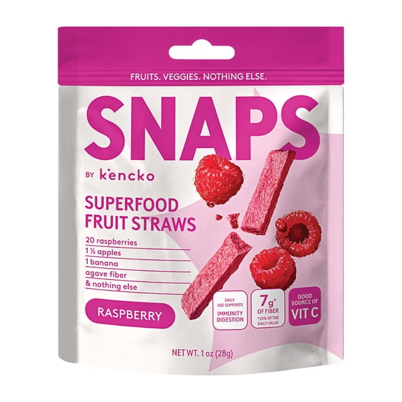 Kencko Raspberry Snaps, Superfood Fruit Straws, 1 oz Resealable Bag