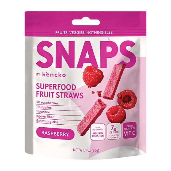 Kencko Raspberry Snaps, Superfood Fruit Straws, 1 oz Resealable Bag
