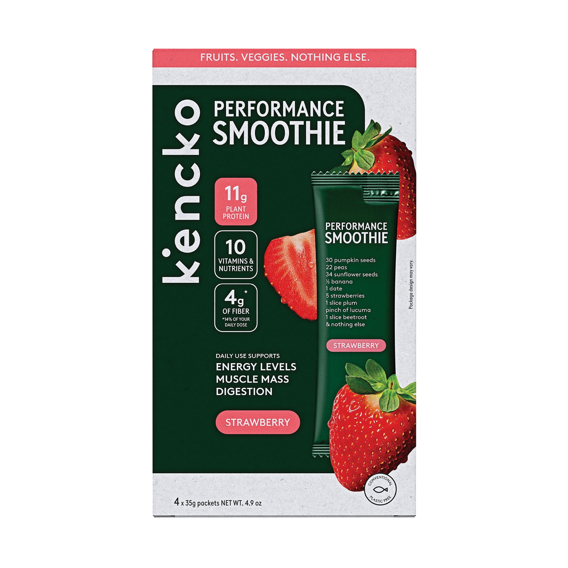 Kencko Strawberry Fruit & Veggie Performance Protein Smoothies, Powdered Drink Mix, 1.23 oz, 4 Pack