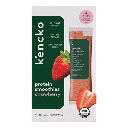 Kencko Strawberry Organic Instant Fruit & Veggie Protein Smoothies, Powdered Drink Mix, 1.23 oz, 4 Pack