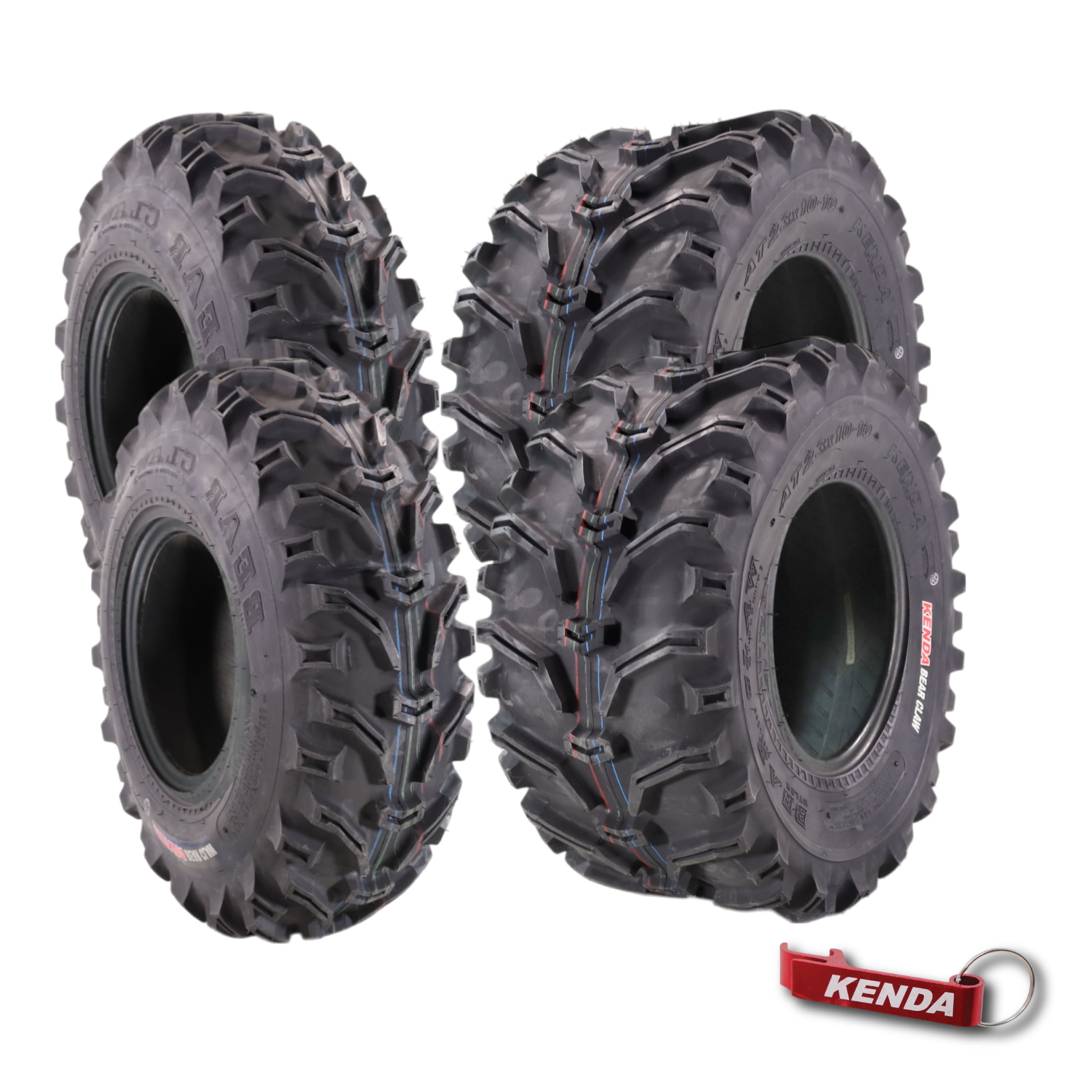 Kenda Bearclaw K299 - 23x7-10 Front & 23x10-10 Rear Tires for All Terrain (ATV), UTV, and Side by Side (SxS) Vehicles - 6-Ply - Bear Claw 23x7x10 23x10x10 with Kenda Keychain (4-Pack)