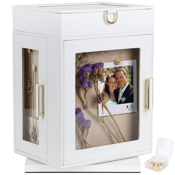 Kendal 360 Rotating DIY Jewelry Box - Black PU Leather Jewelry Organizer with Pinboard, Detachable Top Tray, Drawers & Push Pins for Personalized Accessory Display & Storage