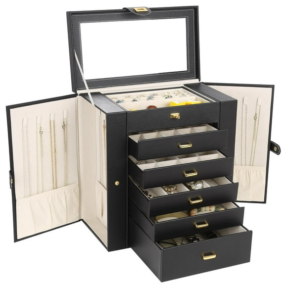 Kendal Extra Large Jewelry Box Jewelry Case PU Leather 6 Tier 5 Drawers Large Storage Capacity with Mirror Jewelry Storage Organizer Great Gift Also Good For Watches LJC-SHD5BK (black)