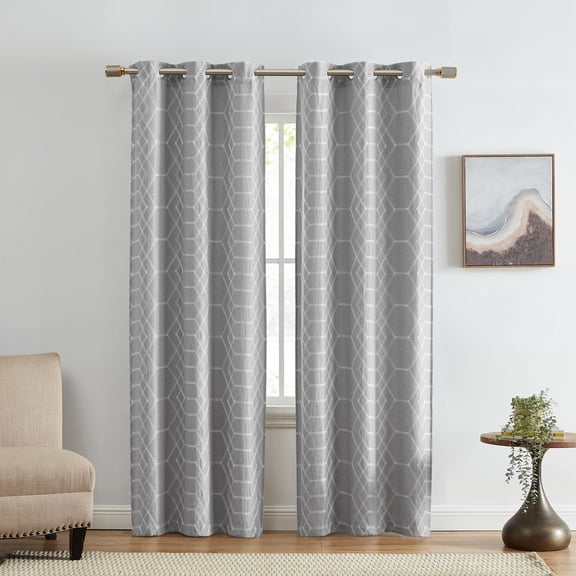 Threadmade Kendal Geometric Embroidered Blackout Window Curtain Panel, Set of 2, Gray - 37"W x 63"L
