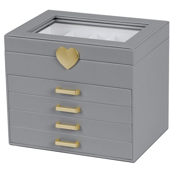 Kendal Jewelry Box, 5-Layer Jewelry Organizer Box with Glass Lid, Gray, Heart Shaped PU Leather, Storage Box for Necklace Earrings Rings Bracelets, Gift Idea for Girls