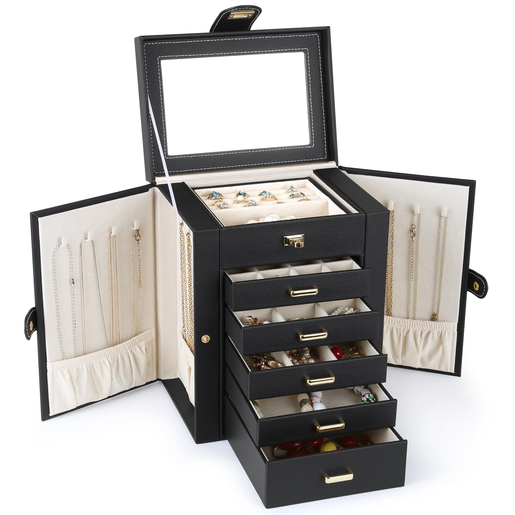 Kendal Jewelry Box, 6-Layer Jewelry Storage Organizer for Necklace Bracelet Rings Watch, 10.2"x8.2"x6" Classic Black PU Leather 5 Drawers Large Storage Capacity with Mirror