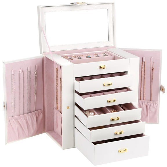 Kendal White Extra Large Jewelry Box Jewelry Case PU Leather 6 Tier 5 Drawers Large Storage Capacity with Mirror Jewelry Storage Organizer Great Gift Also Good For Watches