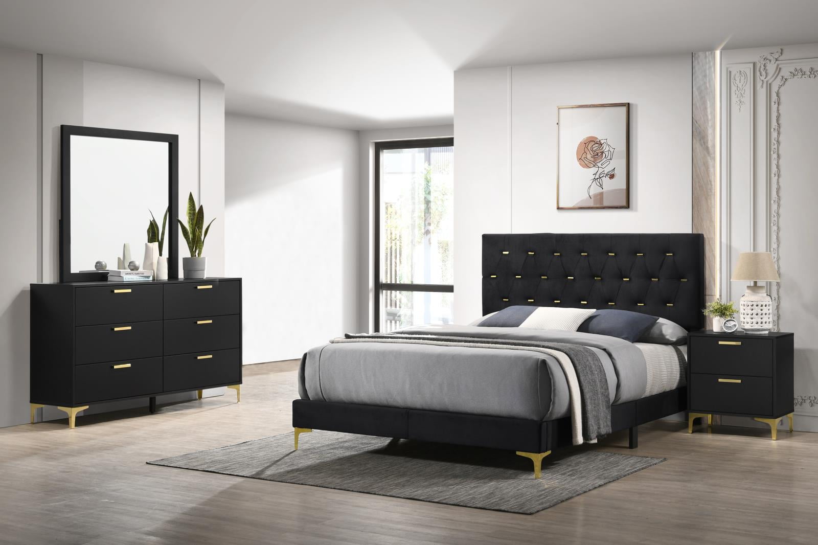 Kendall 5pc Tufted Panel Cal King Bedroom Set Black & Gold