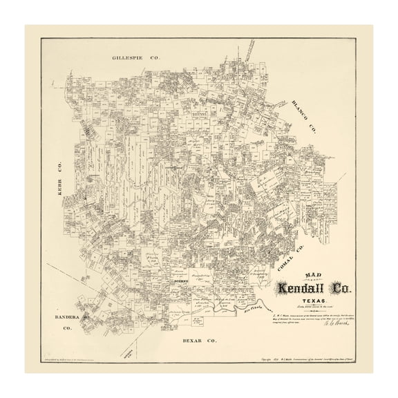 Kendall County Texas Art, 1879 Vintage Map of Kendall County TX History Wall Decor Gift, Old Kendall County TX Map - 42" x 42" Unframed Print