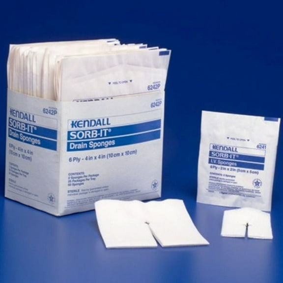 Kendall Dermacea Sterile IV Sponge Pre-Cut T-Slit, 6-Ply, 2's, 2 x 2 Inch, Box of 70