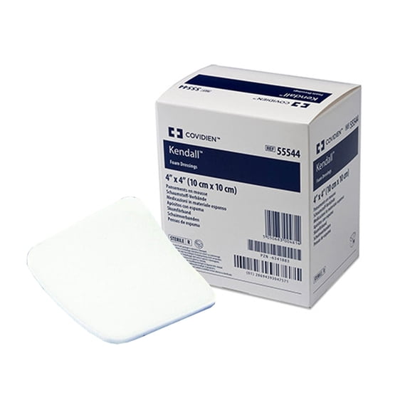 Kendall Foam Dressing, Sterile, Non-Adhesive without Border, 4 in x 4 in, 10 Count, 5 Packs, 50 Total