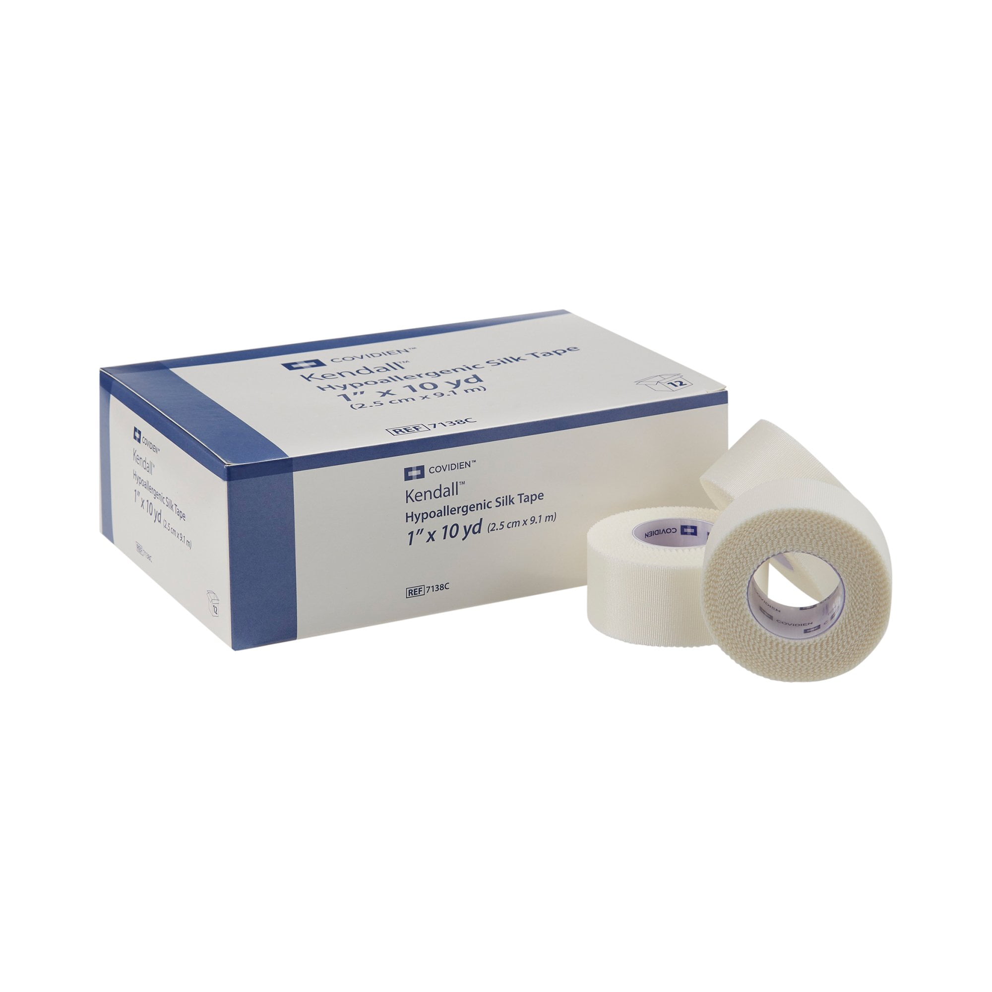 Kendall Hypoallergenic Silk White Silk-Like Cloth Hypoallergenic Medical Tape 1" x 10 Yd 1 Box, 12 /Box 7138C