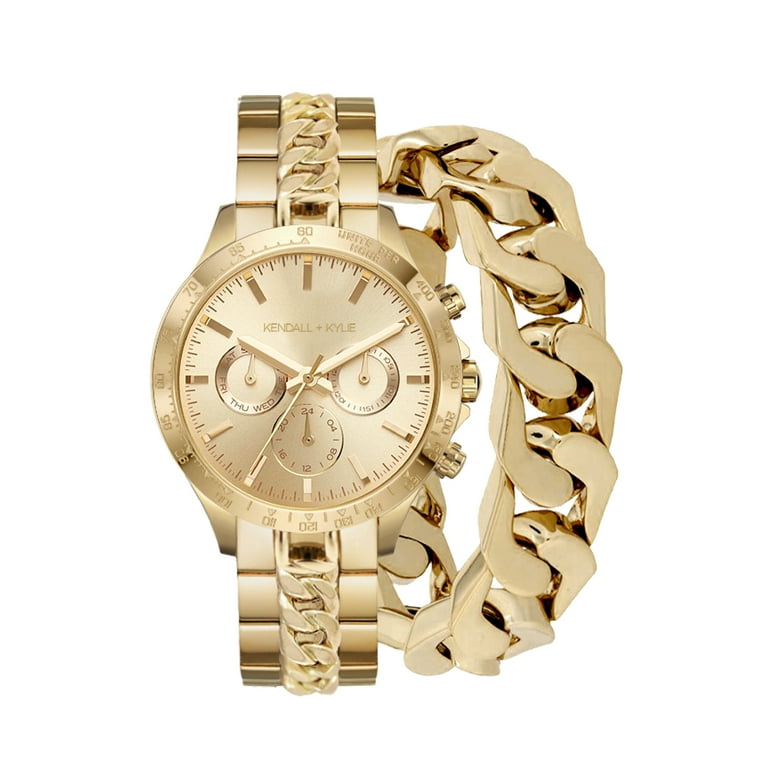 Kendall Kylie Adult Ladies Quartz Movement Gold Chunky Chain Analog Watch with Round Face and Matching Bracelet Set Walmart