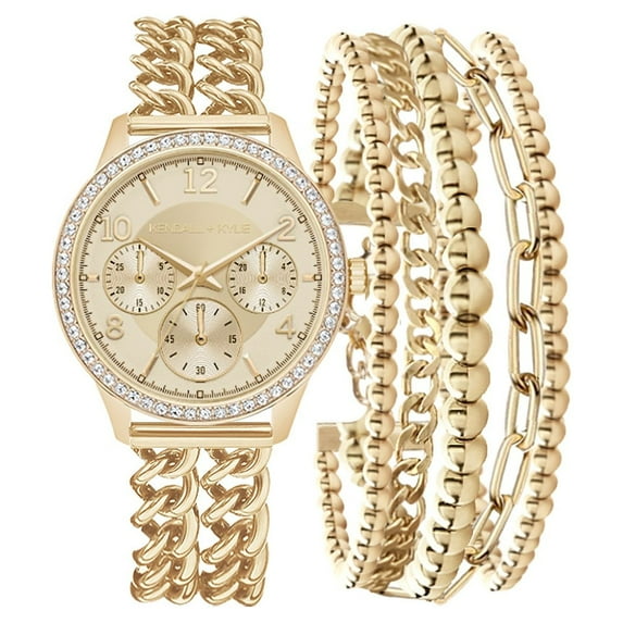 Kendall + Kylie Double Strap Gold Analog Watch and Layered Bracelet Set