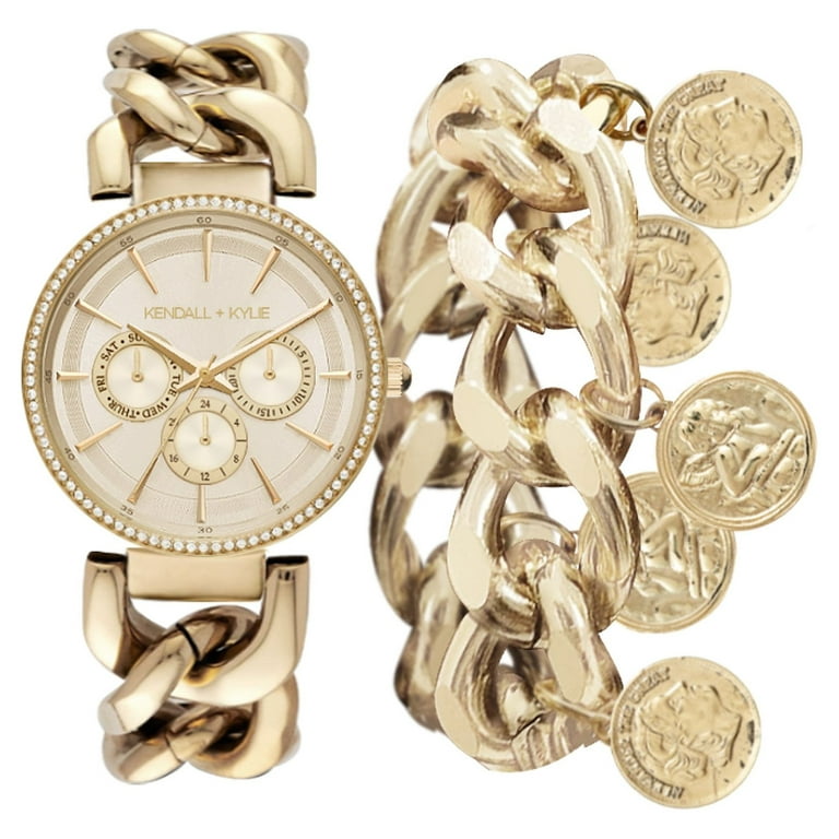 Kendall + Kylie: Gold Toned Metal Chunky Chain Strap Chronograph Analog Watch and Coin Bracelet Set