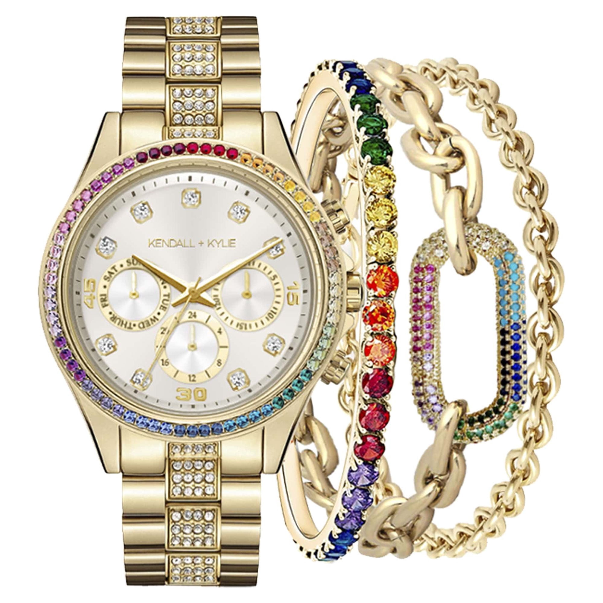 Kendall + Kylie Rainbow Quartz Movement Crystal Bezel Gold Watch with Rainbow Bracelets