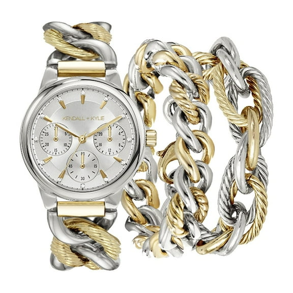 Kendall + Kylie Silver/Gold Chain Link Metal Strap Analog Watch and Layered Bracelet Set