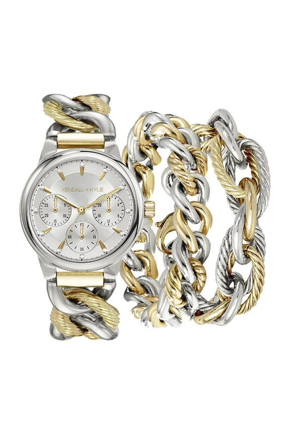 Silver/Gold Chain Link Metal Strap Analog Watch and Layered Bracelet Set