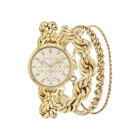 Kendall + Kylie Women's Quartz Gold Rope Metal Band Analog Watch and Rope Bracelet Set
