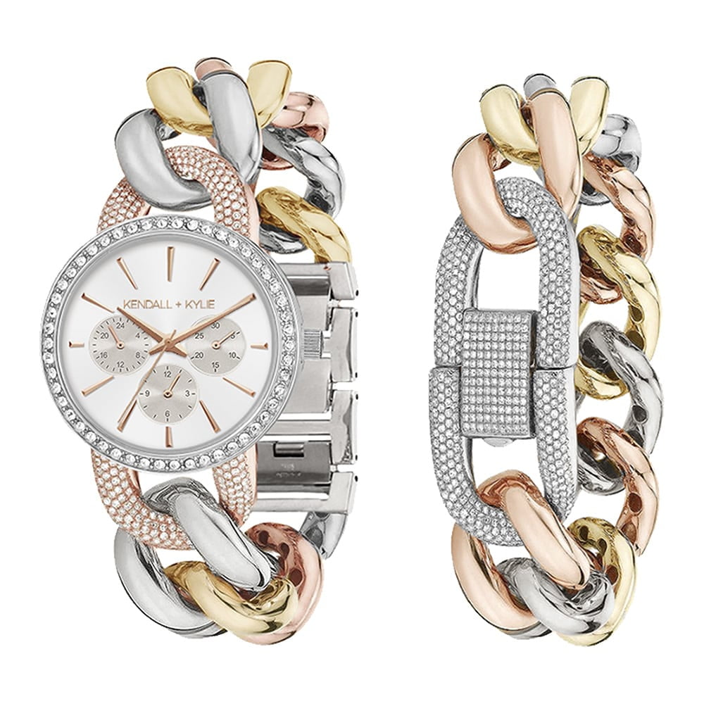 Kendall + Kylie Women's Quartz Multi Tone Round Crystal Bezel and Link Metal Strap Watch