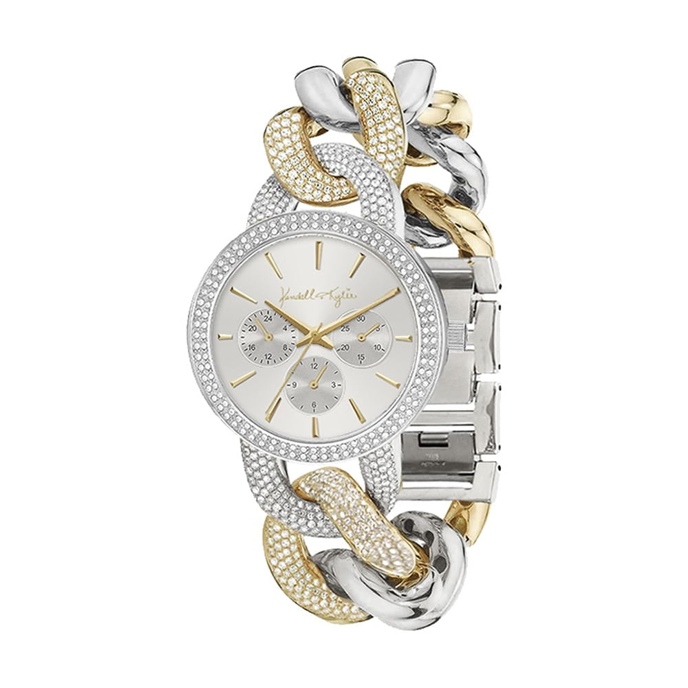 Kendall + Kylie Women's Quartz Two Tone Round Crystal Bezel and Link Metal Strap Watch