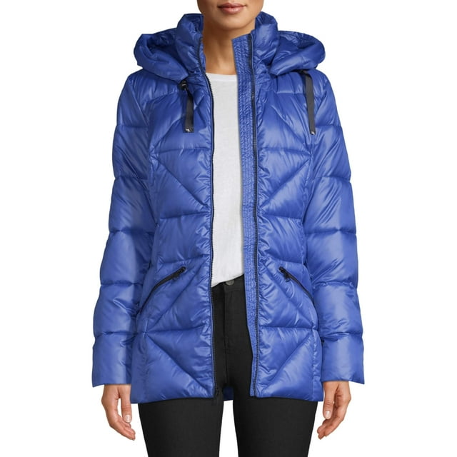 Kendall + Kylie Women's Shiny Long Puffer with Bold Zipper Detail