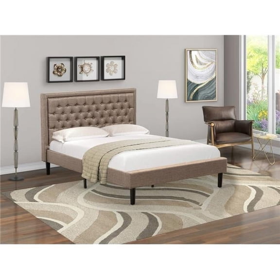 Kendall Platform Queen Size Bed - Dark Khaki Linen Fabric Upholestered Bed Headboard with Button Tufted Trim Design - Black Legs