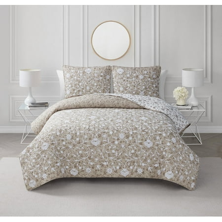 Kendall Vine Leaf Embroidery Taupe Neutral 2-Piece All-Season Reversible Soft Microfiber Quilt Set - Twin