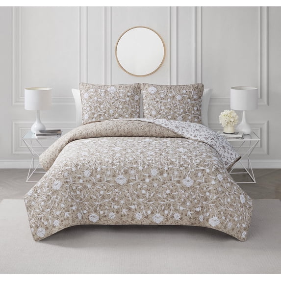 Kendall Vine Leaf Embroidery Taupe Neutral 2-Piece All-Season Reversible Soft Microfiber Quilt Set - Twin