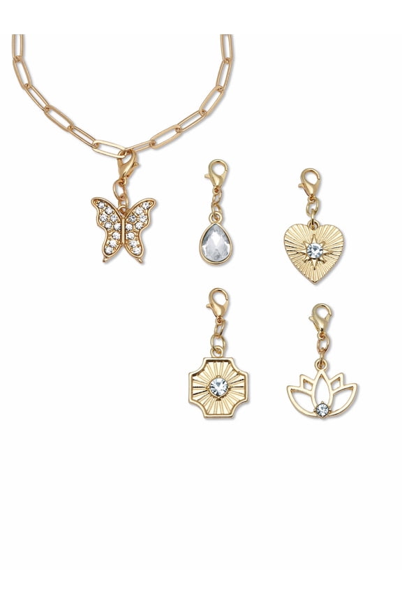 Crystal 14k Yellow Gold-Plated Interchangeable Charm Bracelet Set, 6.75 Inch Plus 1 Inch Extension