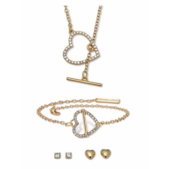 Kendall and Kylie Round Crystal 14k Yellow Gold-Plated Heart Jewelry Set, 18 Inch Length Plus 3 Inch Extension