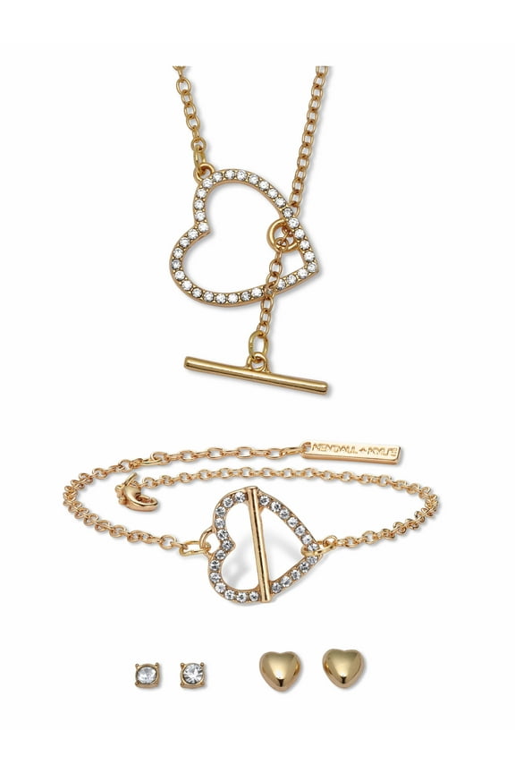 Kendall and Kylie Round Crystal 14k Yellow Gold-Plated Heart Jewelry Set, 18 Inch Length Plus 3 Inch Extension
