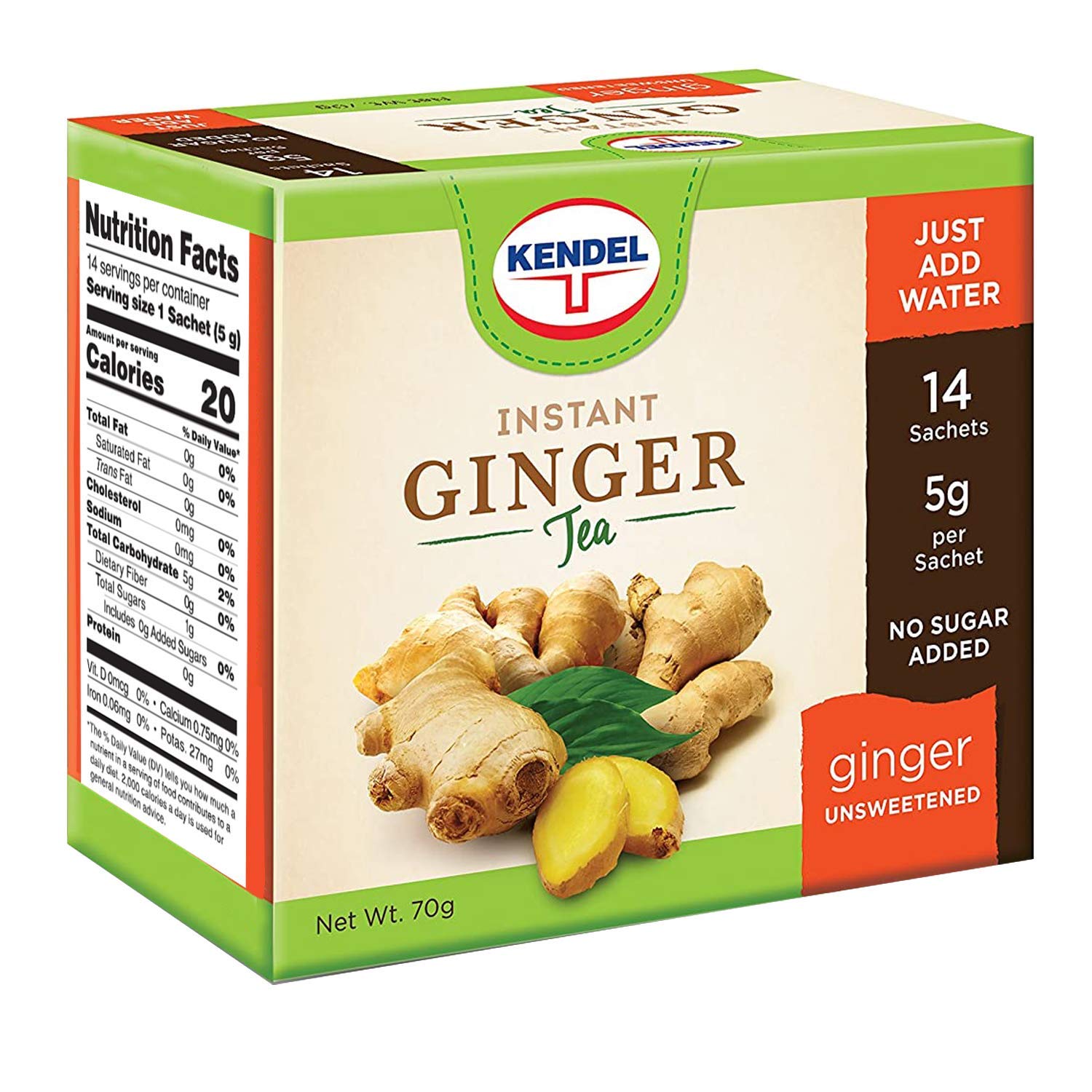 Kendel Instant Ginger Tea Unsweetened Caffeine Free 14 Sachets Per 