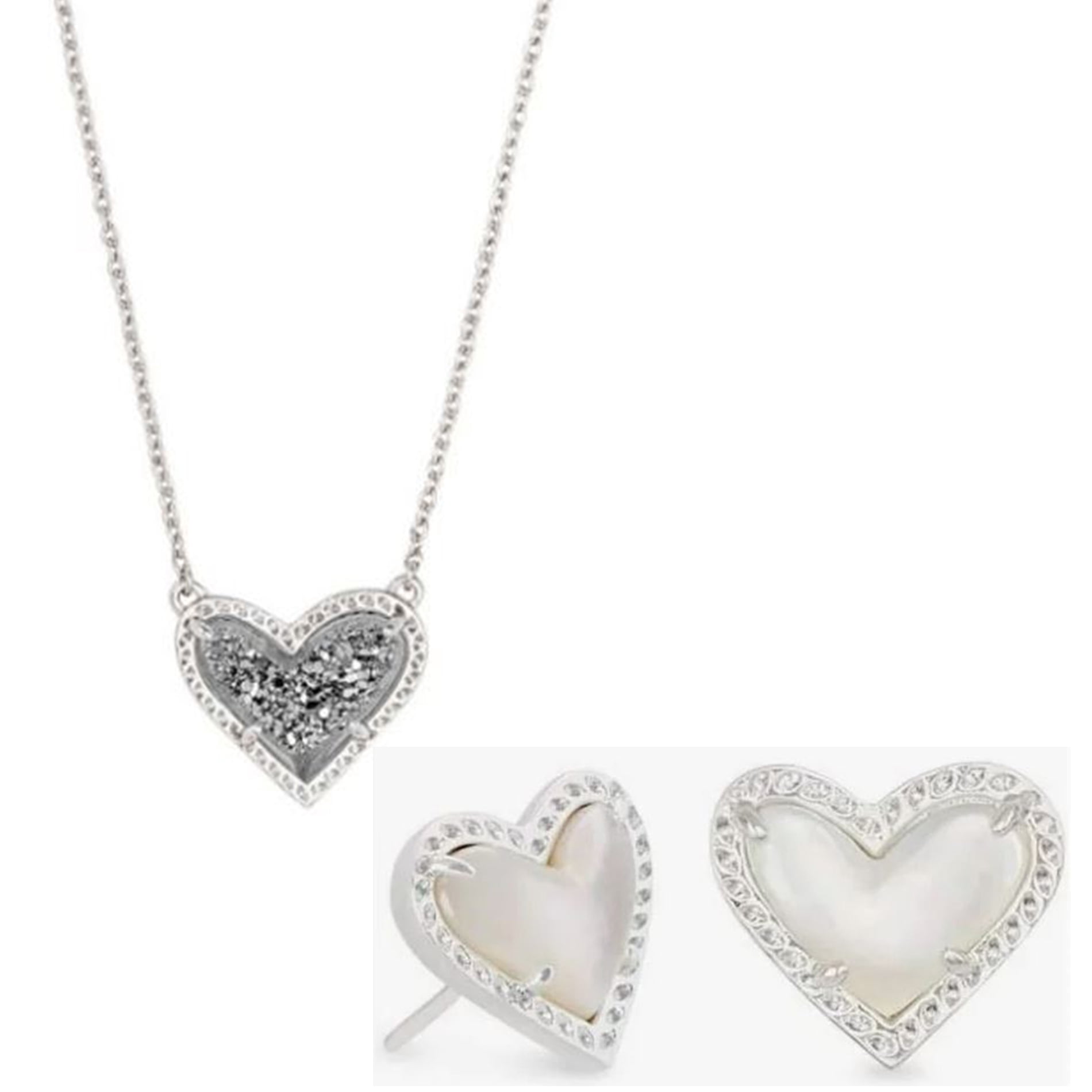 Kendra Scott Ari Heart Adjustable Length Pendant Necklace And Stud Earrings for Women, Fashion Jewelry, Rhodium-Plated
