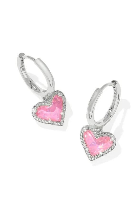 Ari Heart Silver Huggie Earrings in Pink Iridescent