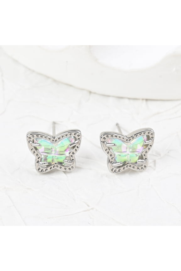 Bianca Butterfly Stud Earrings, Silver-Tone with Dichroic Iridescent Glass Stone, Hypoallergenic Push-Back Earrings for Women