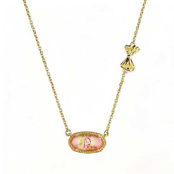 Kendra Scott Elaina Gold Pendant Necklace with Pink Floral Stone & Bow Charm, 14K Gold Plated Delicate Chain Necklace for Women, Hypoallergenic Everyday Jewelry Gift