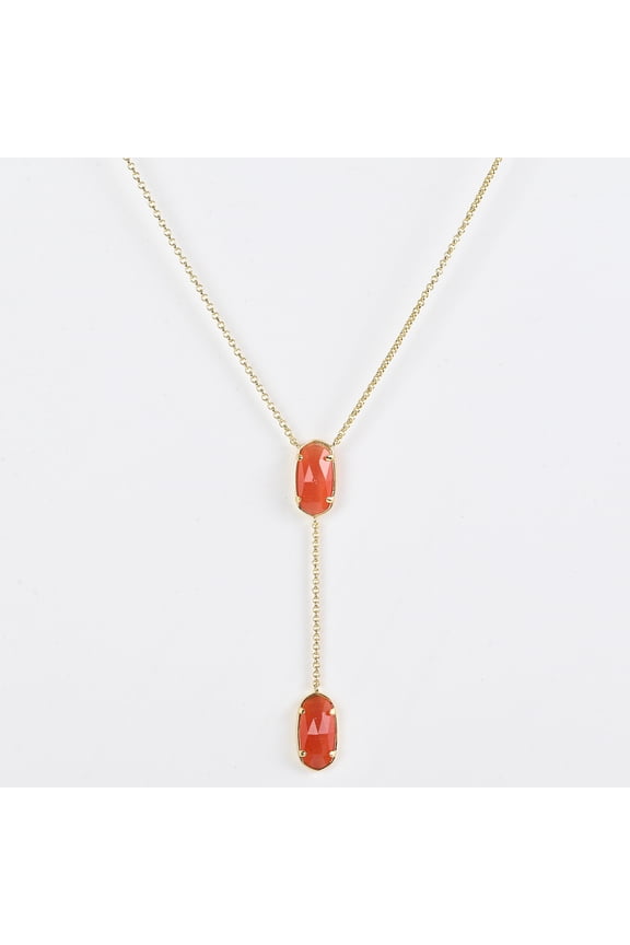 Elaina Lariat Y-Necklace, 14k Gold-Plated with Orange Cat's Eye Stones, Adjustable Chain, Hypoallergenic Statement Jewelry for Women