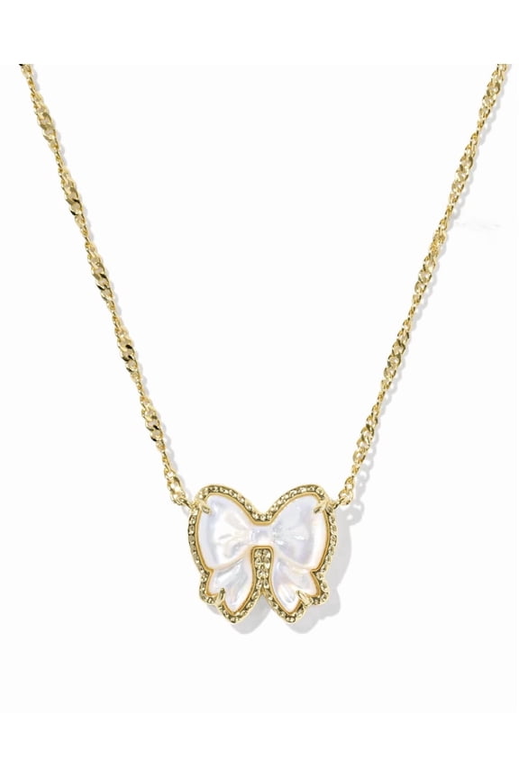 Haley Bow Gold Short Pendant Necklace, Ivory White Mother of Pearl Bow Necklace for Women, 14K Gold Plated Adjustable Chain, Dainty Jewelry Gift for Her, Birthday Valentine's Day Present
