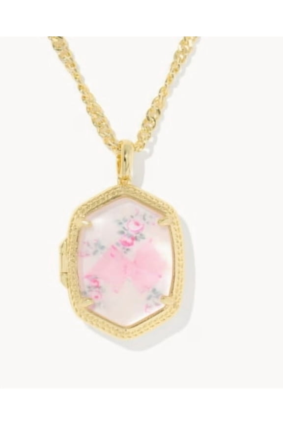 Pink Floral Bow Locket Pendant Necklace, 14K Gold Plated Rope Chain, Hypoallergenic Photo Locket Jewelry for Women, Romantic Sentimental Gift