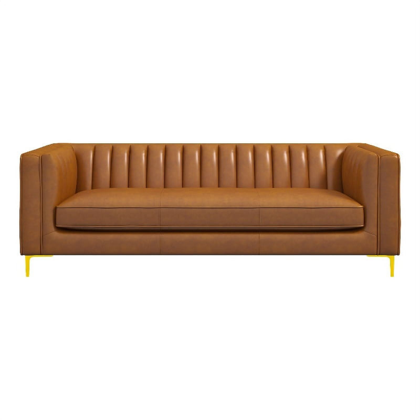Kendrix Mid Century Modern Luxury Genuine Leather Tuxedo Couch in Cognac Tan