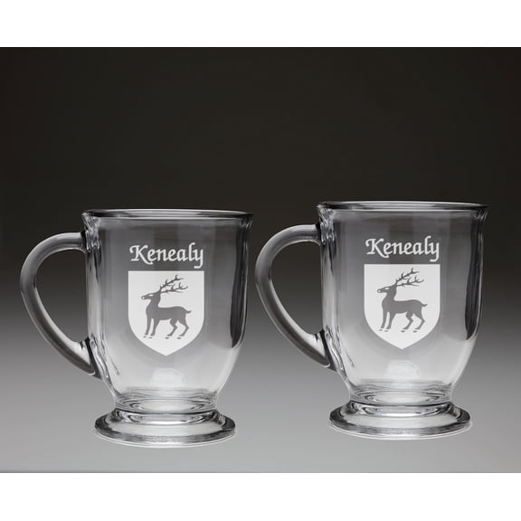 Kenealy Irish Coat of Arms Glass Coffee Mugs - Set of 2