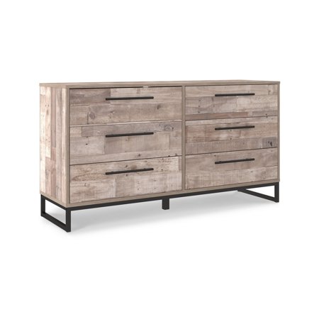 Keni 59 Inch Dresser, 6 Drawers, Whitewashed Frame, Metal Bracket Base