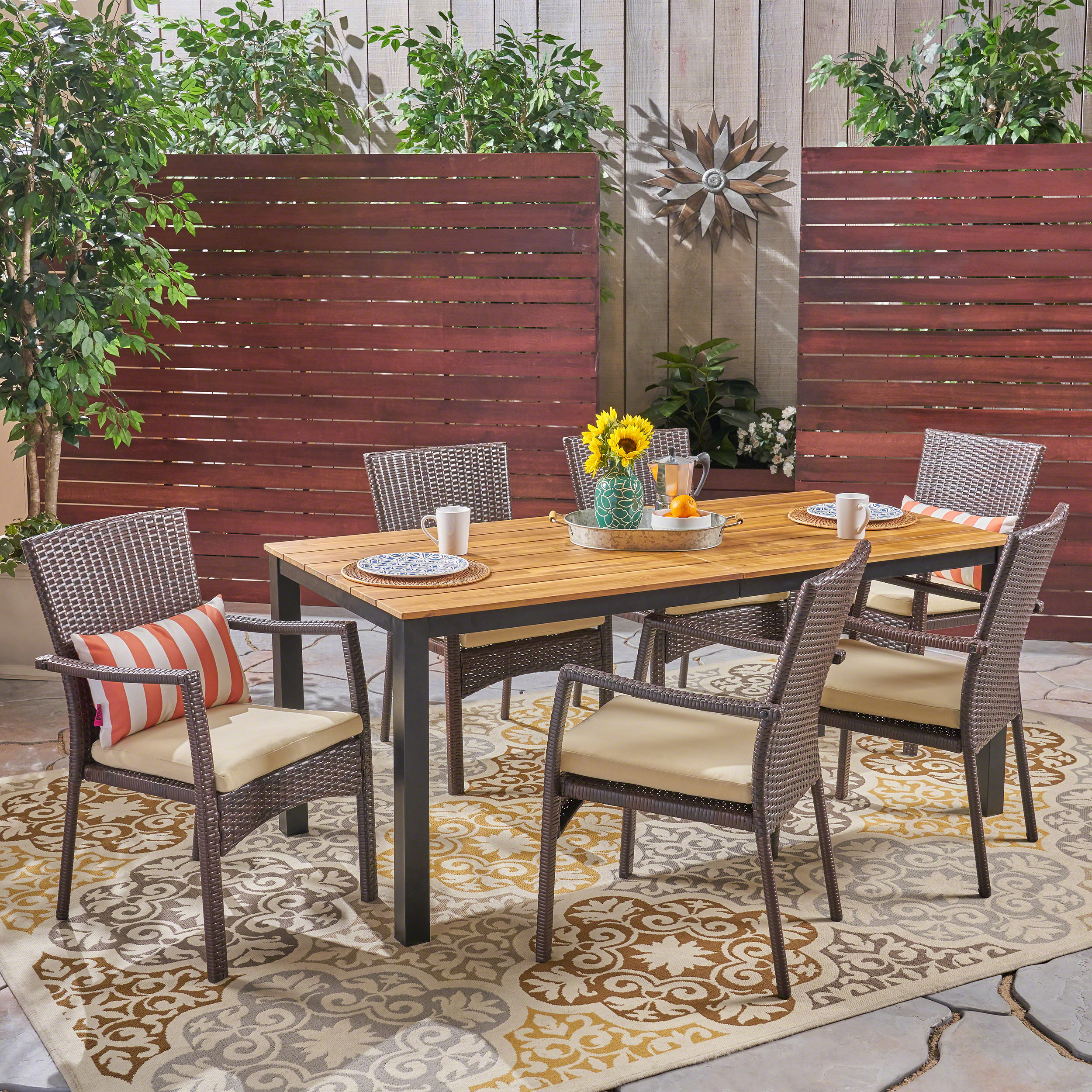 Kenia Outdoor 7 Piece Acacia Wood Dining Set with Wicker Chairs, Brown, Teak, Cream - image 1 of 6