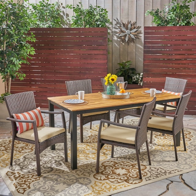 Kenia Outdoor 7 Piece Acacia Wood Dining Set with Wicker Chairs, Brown, Teak, Cream