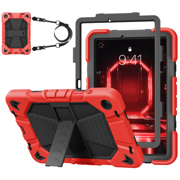 Kenke Case for Samsung Galaxy Tab A9+/A9 Plus 11 Inch 2023 (SM-X210/X216/X218), with Kickstand/Pencil Holder/Shoulder Strap, Heavy Duty Shockproof Rugged Protective Case, Red +Black