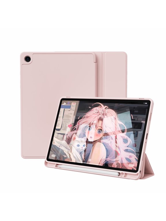 Case for Samsung Galaxy Tab A9+/A9 Plus 11 Inch 2023 (SM-X210/X216/X218), with Pencil Holder, Slim Lightweight Soft TPU Back Smart Cover, Auto Sleep/Wake, Pink